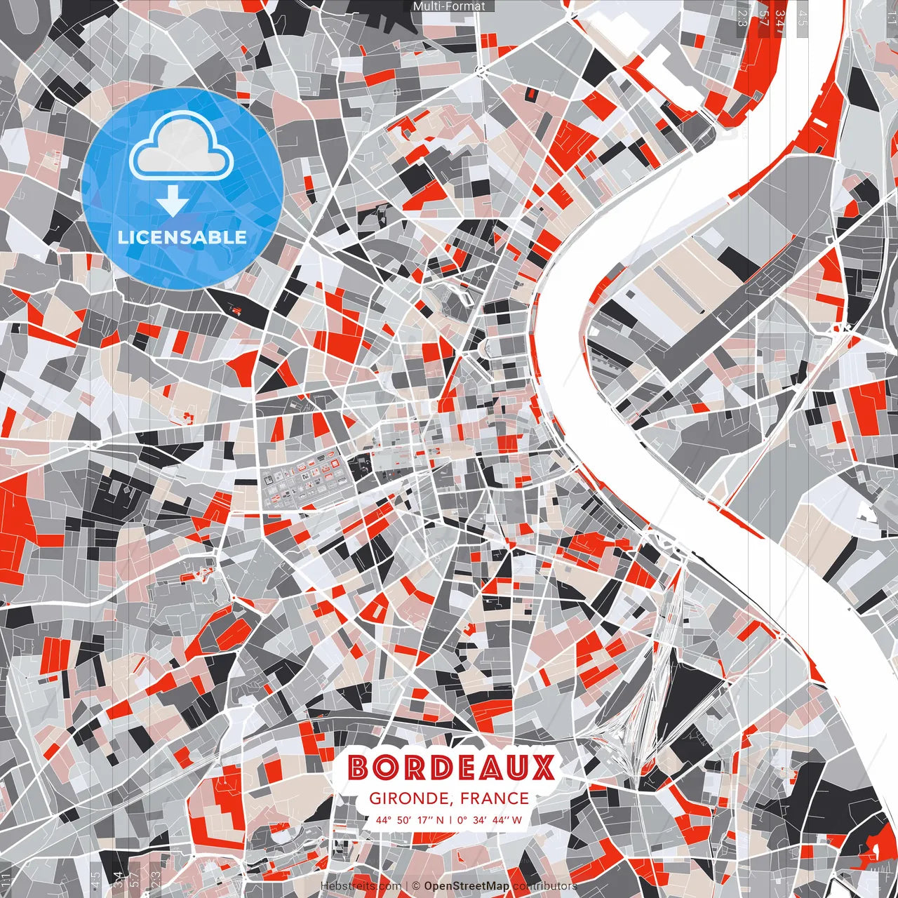 Bordeaux, Gironde, France - modern street map poster template with gray and red tones