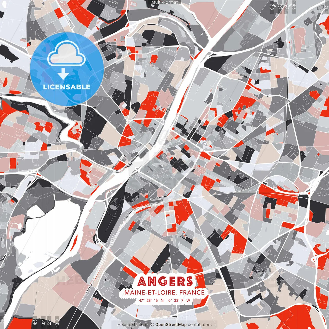 Angers, Maine-et-Loire, France - modern street map poster template with gray and red tones