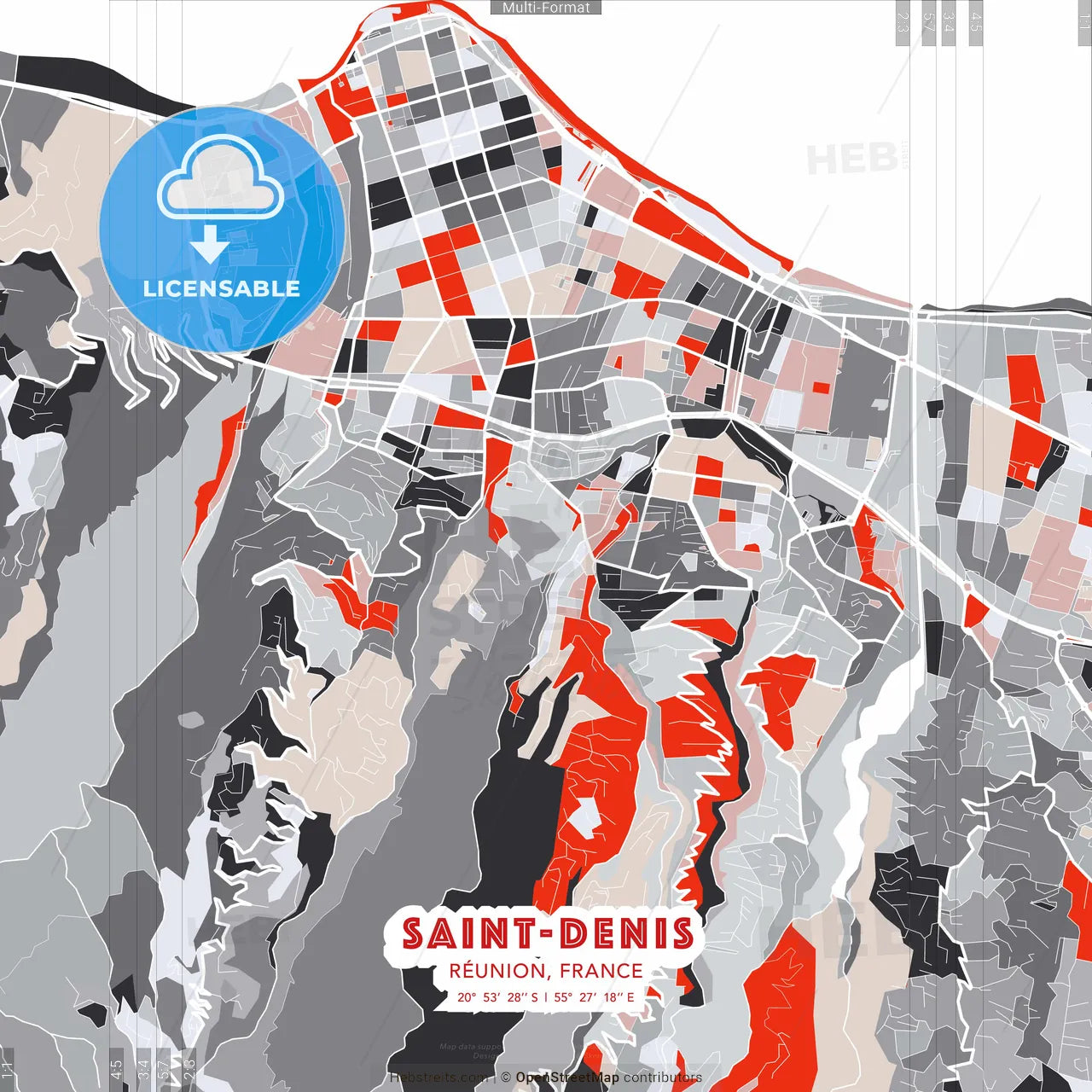 Saint-Denis, Réunion, France - modern street map poster template with gray and red tones