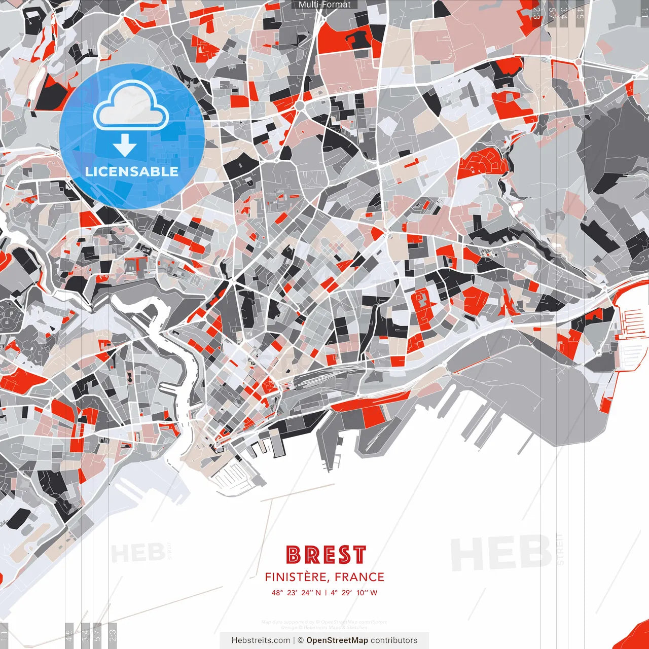 Brest, Finistère, France - modern street map poster template with gray and red tones