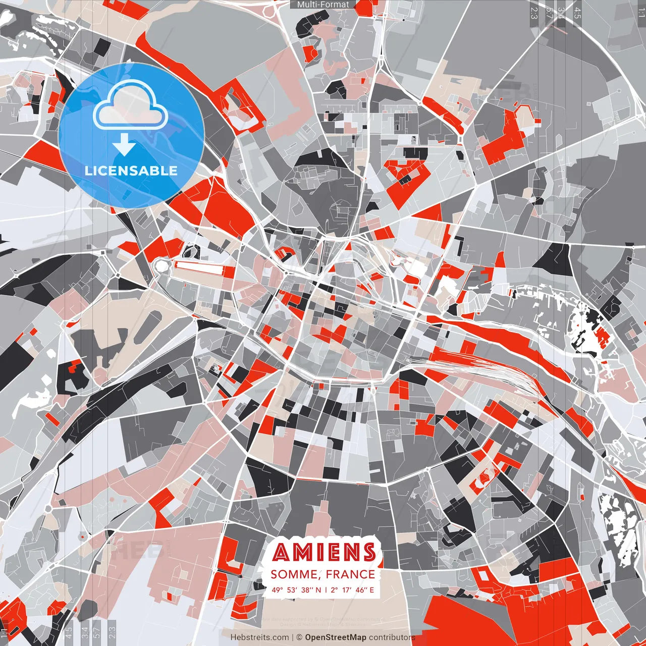 Amiens, Somme, France - modern street map poster template with gray and red tones