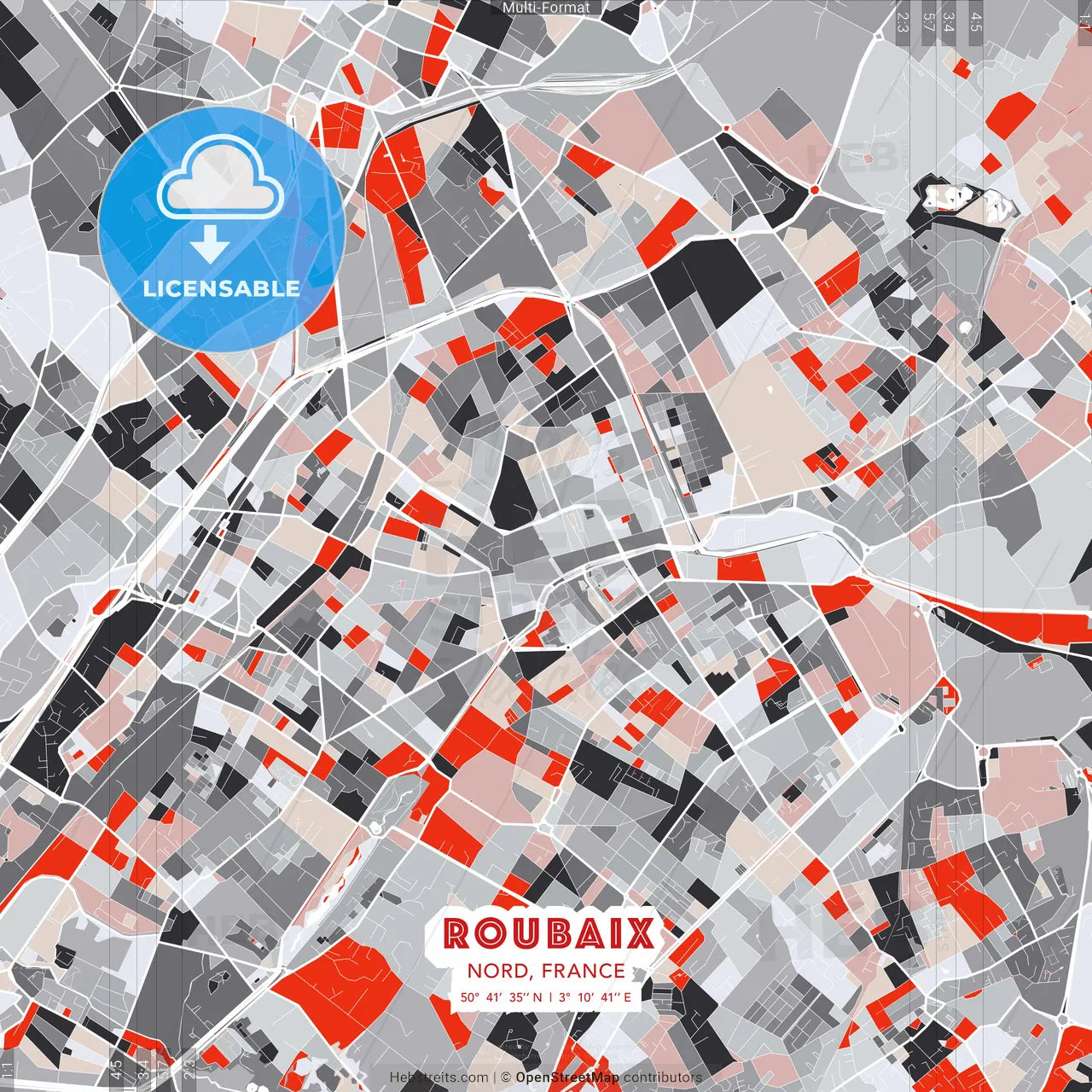 Roubaix, Nord, France - modern street map poster template with gray and red tones