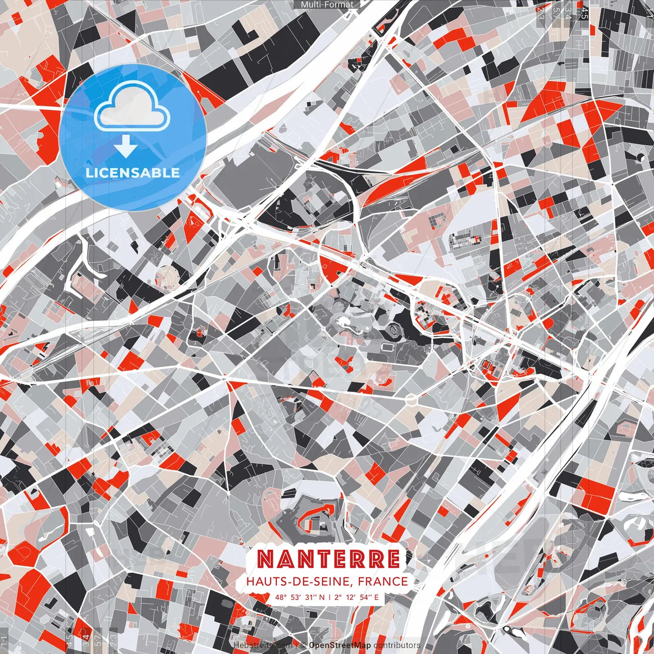 Nanterre, Hauts-de-Seine, France - modern street map poster template with gray and red tones