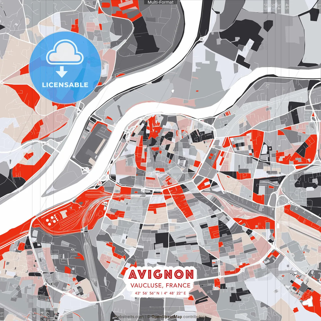 Avignon, Vaucluse, France - modern street map poster template with gray and red tones