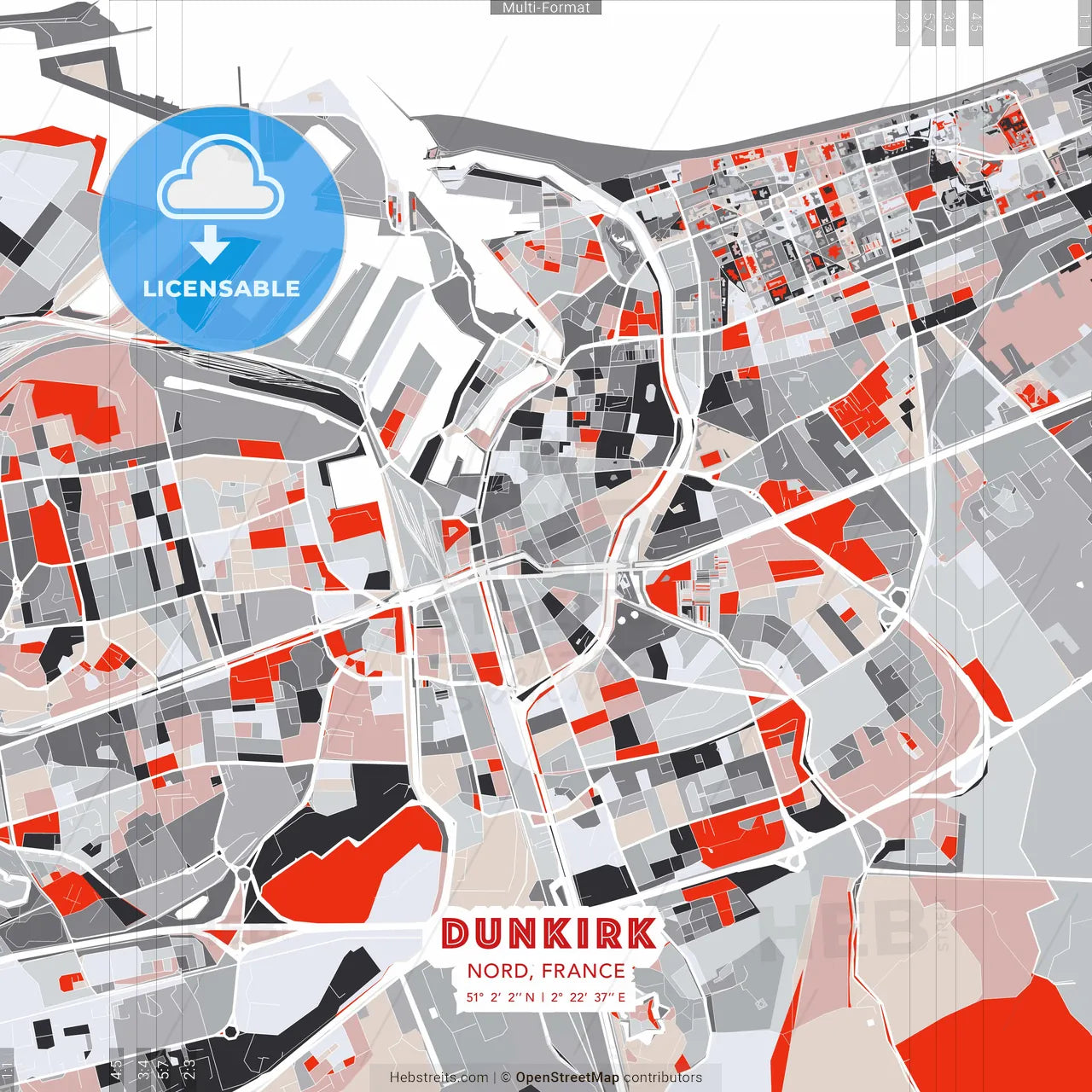 Dunkirk, Nord, France - modern street map poster template with gray and red tones