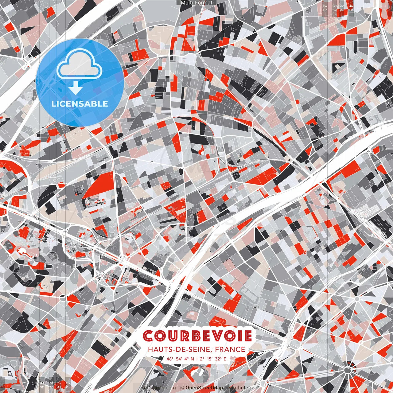 Courbevoie, Hauts-de-Seine, France - modern street map poster template with gray and red tones