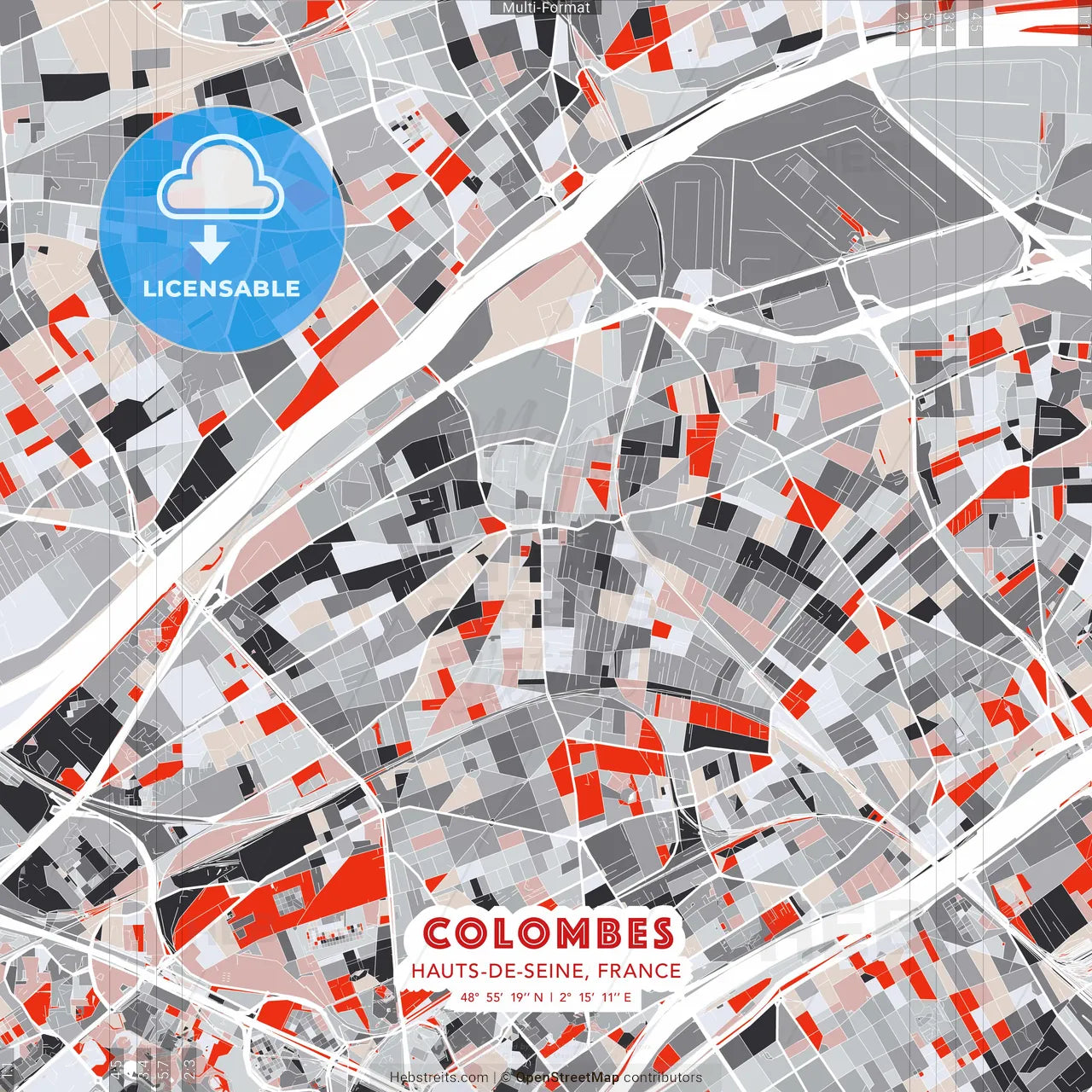Colombes, Hauts-de-Seine, France - modern street map poster template with gray and red tones