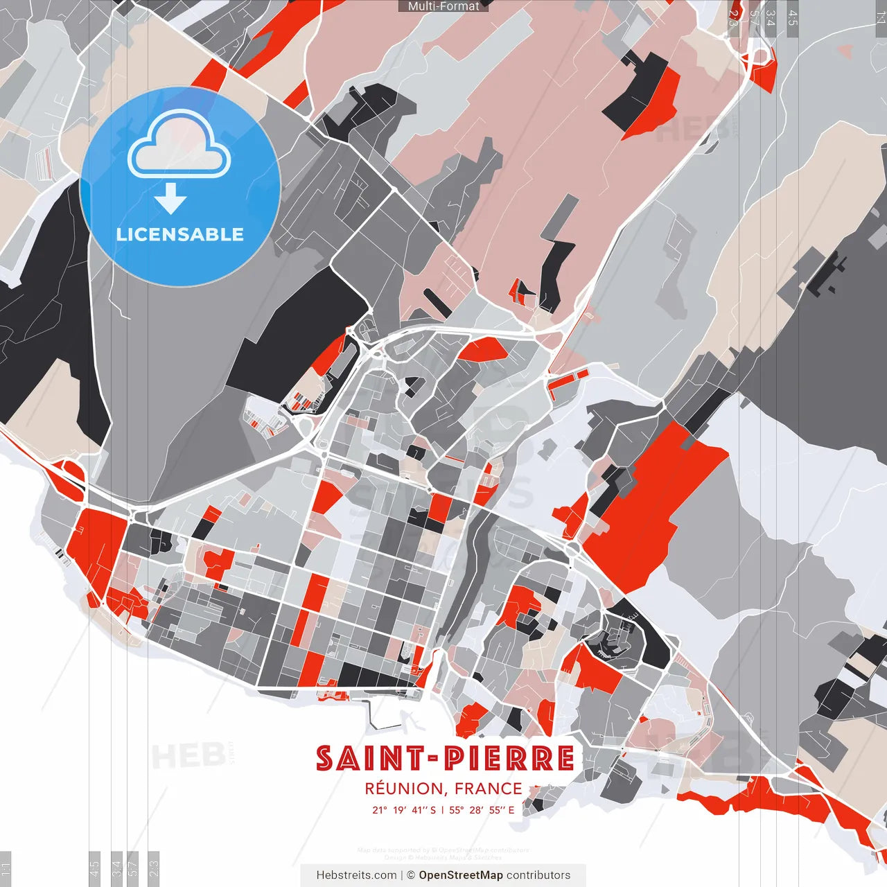 Saint-Pierre, Réunion, France - modern street map poster template with gray and red tones
