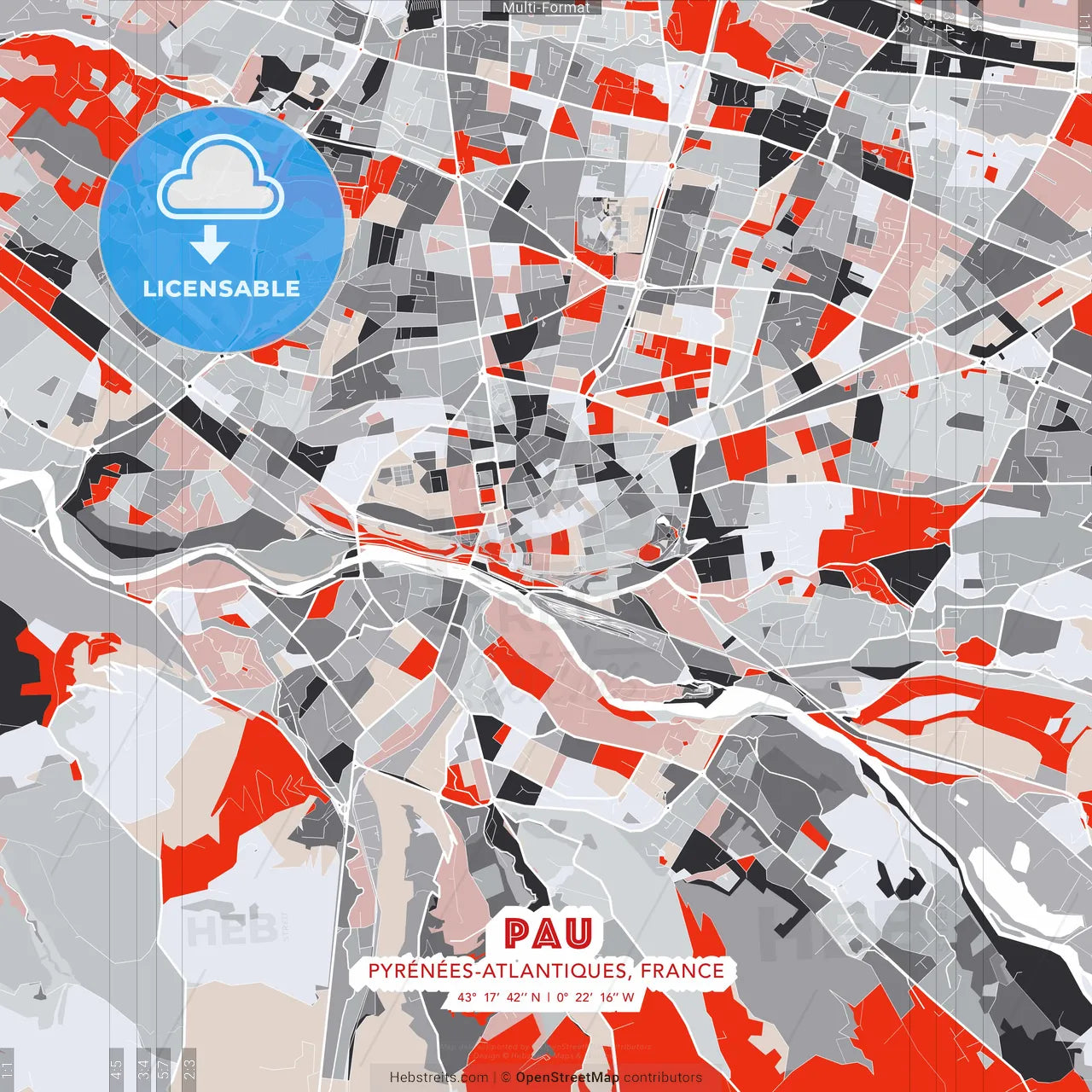 Pau, Pyrénées-Atlantiques, France - modern street map poster template with gray and red tones