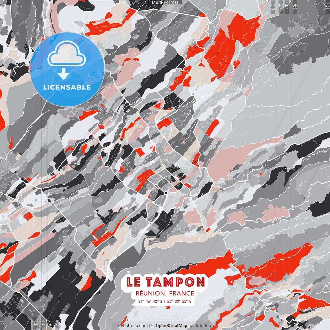 Le Tampon, Réunion, France - modern street map poster template with gray and red tones