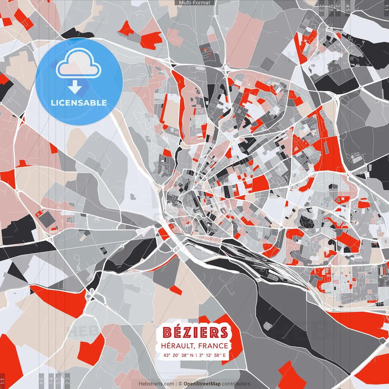 Béziers, Hérault, France - modern street map poster template with gray and red tones