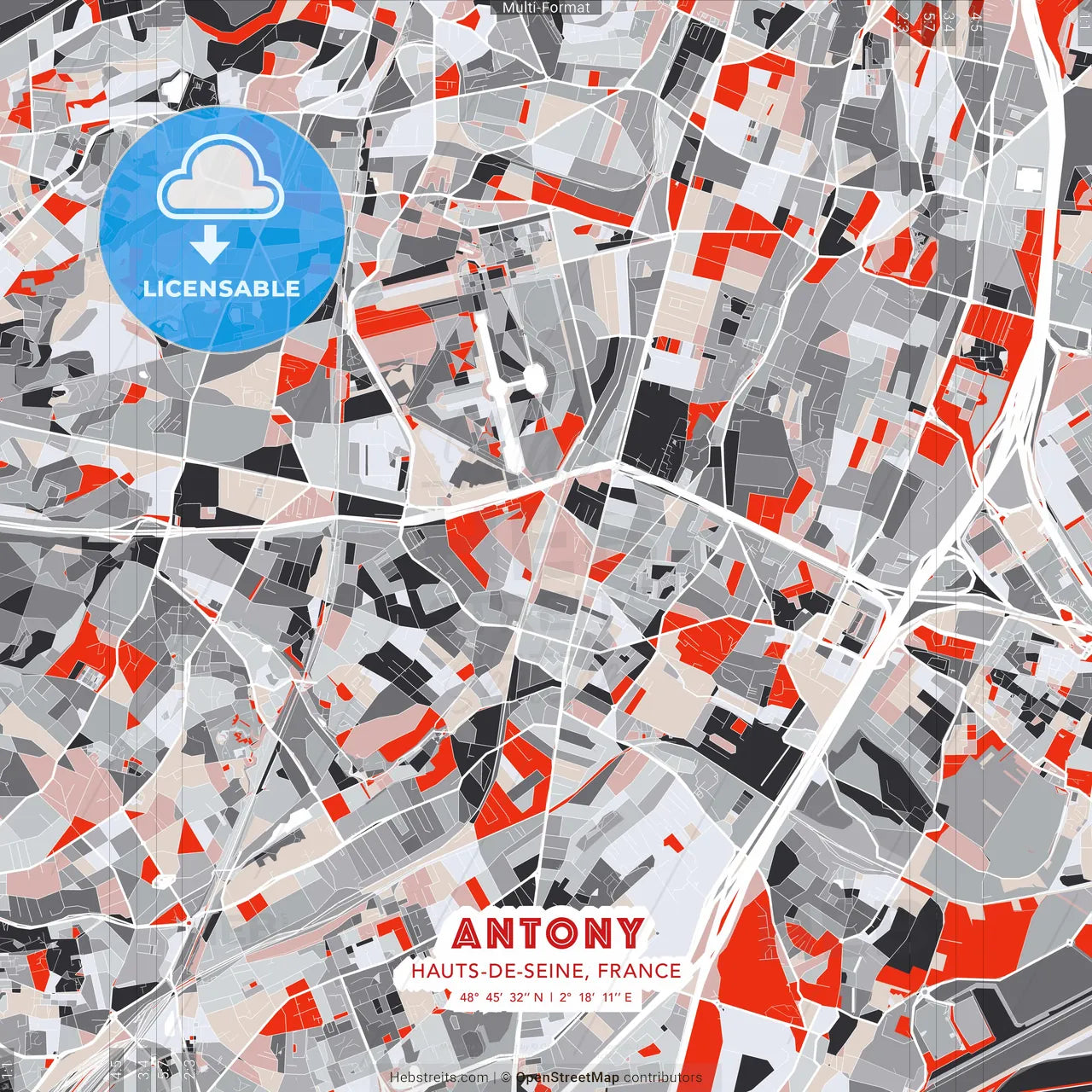 Antony, Hauts-de-Seine, France - modern street map poster template with gray and red tones