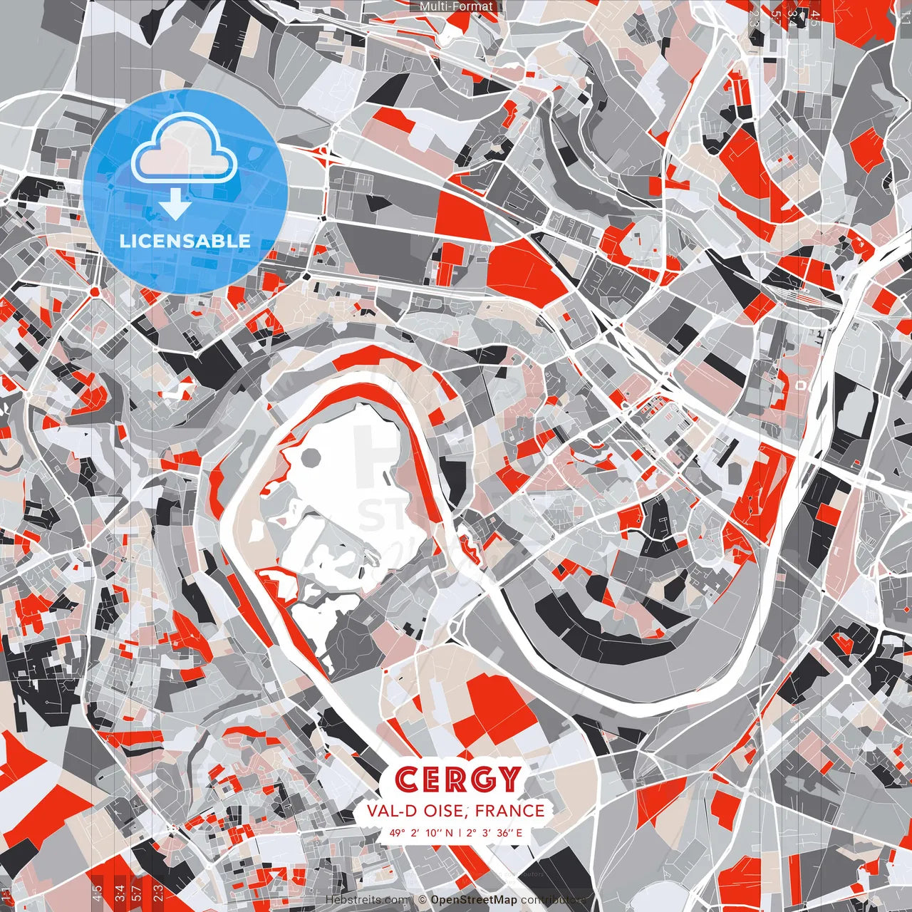 Cergy, Val-d Oise, France - modern street map poster template with gray and red tones