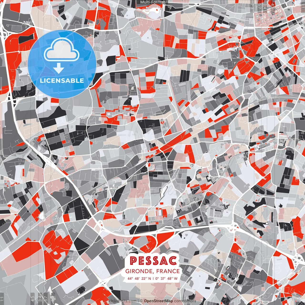 Pessac, Gironde, France - modern street map poster template with gray and red tones
