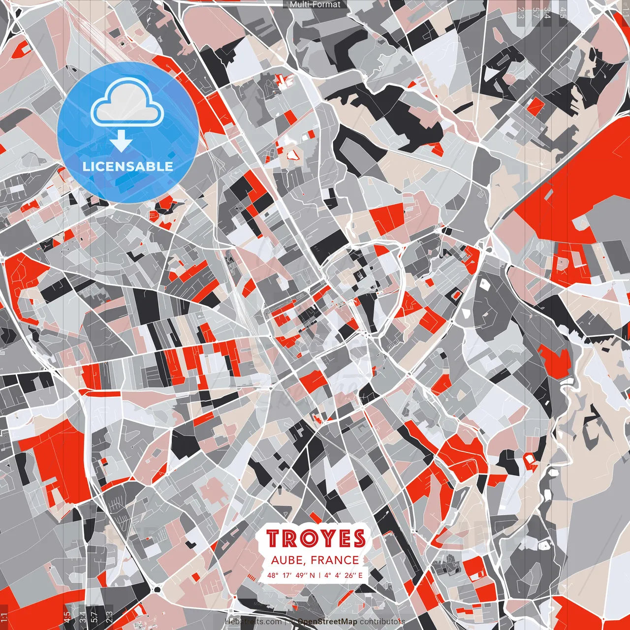 Troyes, Aube, France - modern street map poster template with gray and red tones