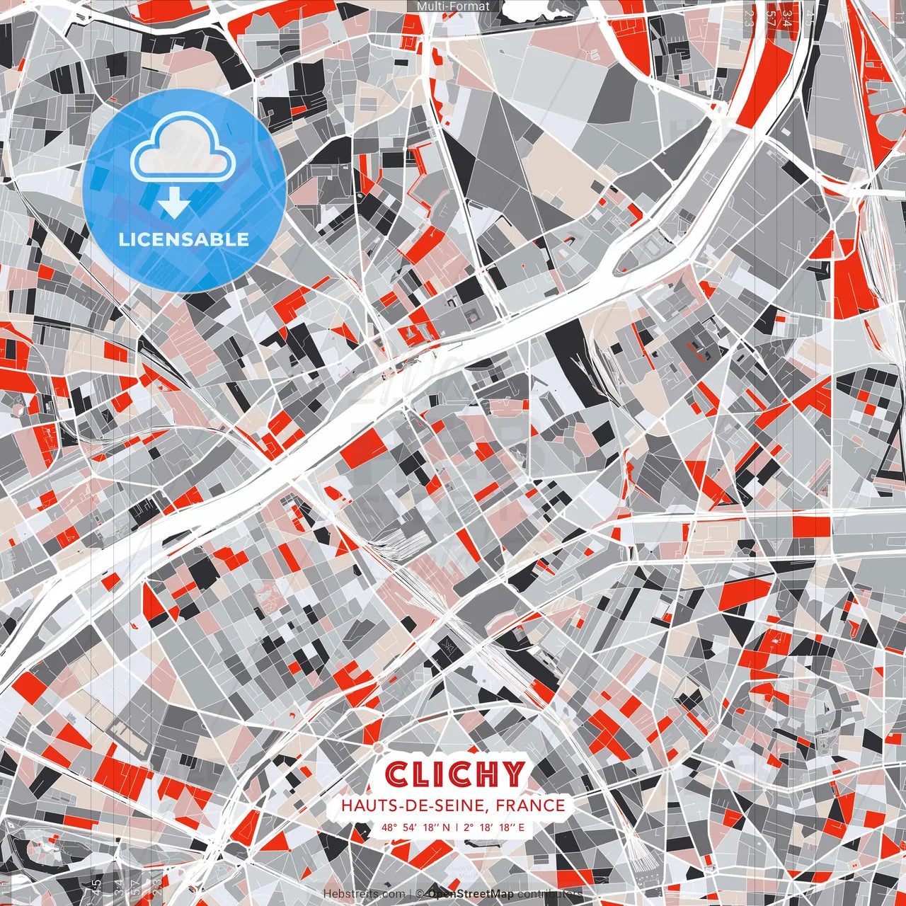 Clichy, Hauts-de-Seine, France - modern street map poster template with gray and red tones