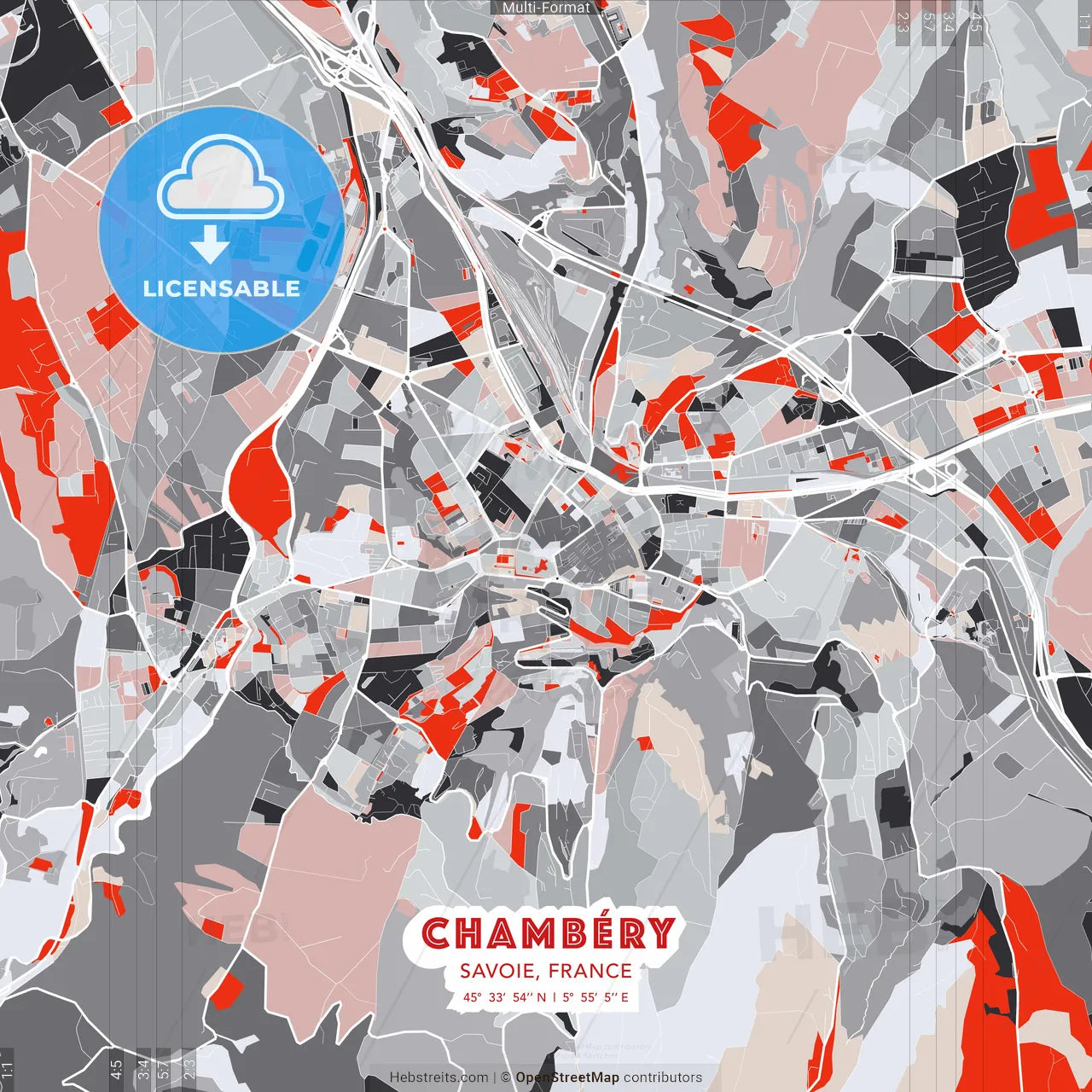 Chambéry, Savoie, France - modern street map poster template with gray and red tones