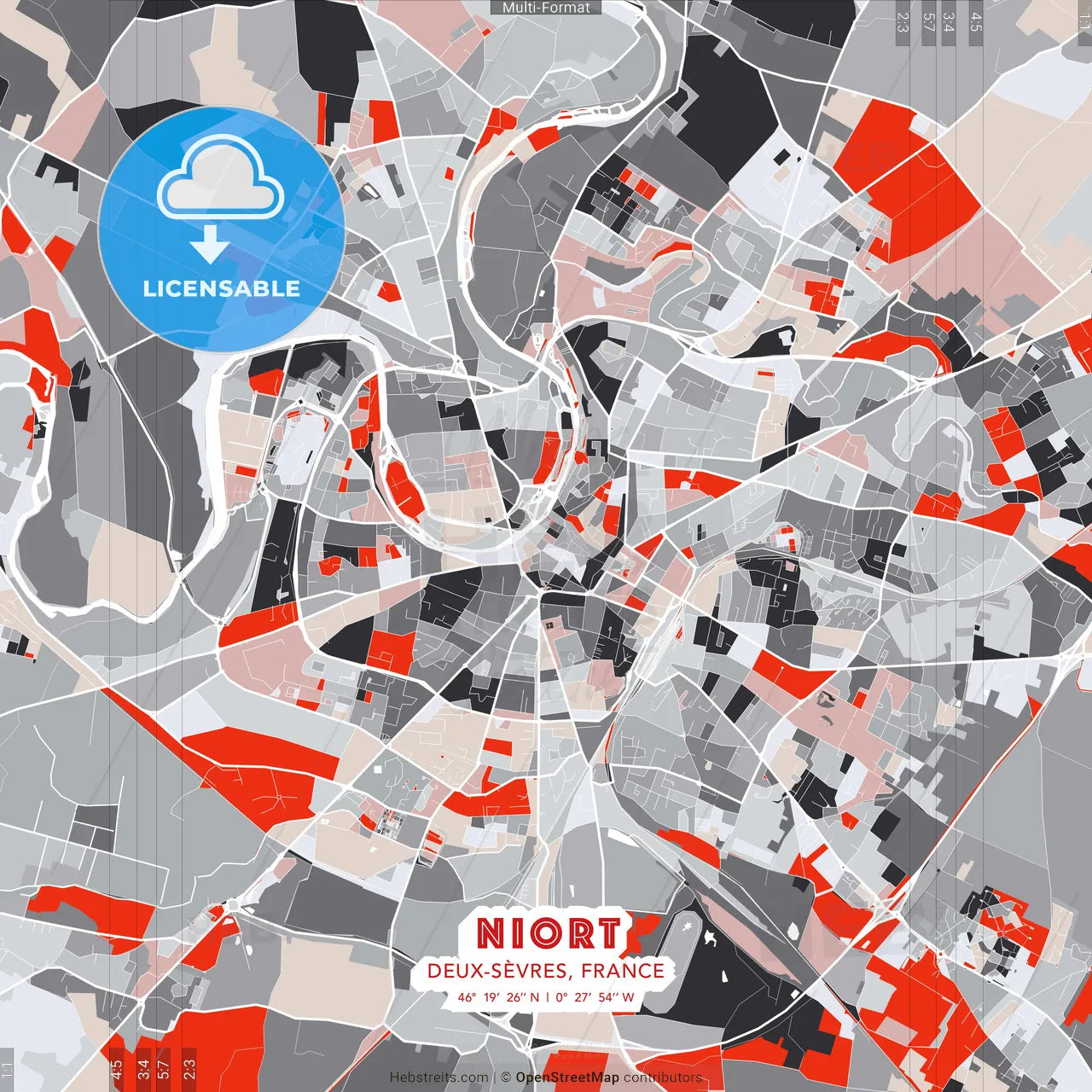 Niort, Deux-Sèvres, France - modern street map poster template with gray and red tones