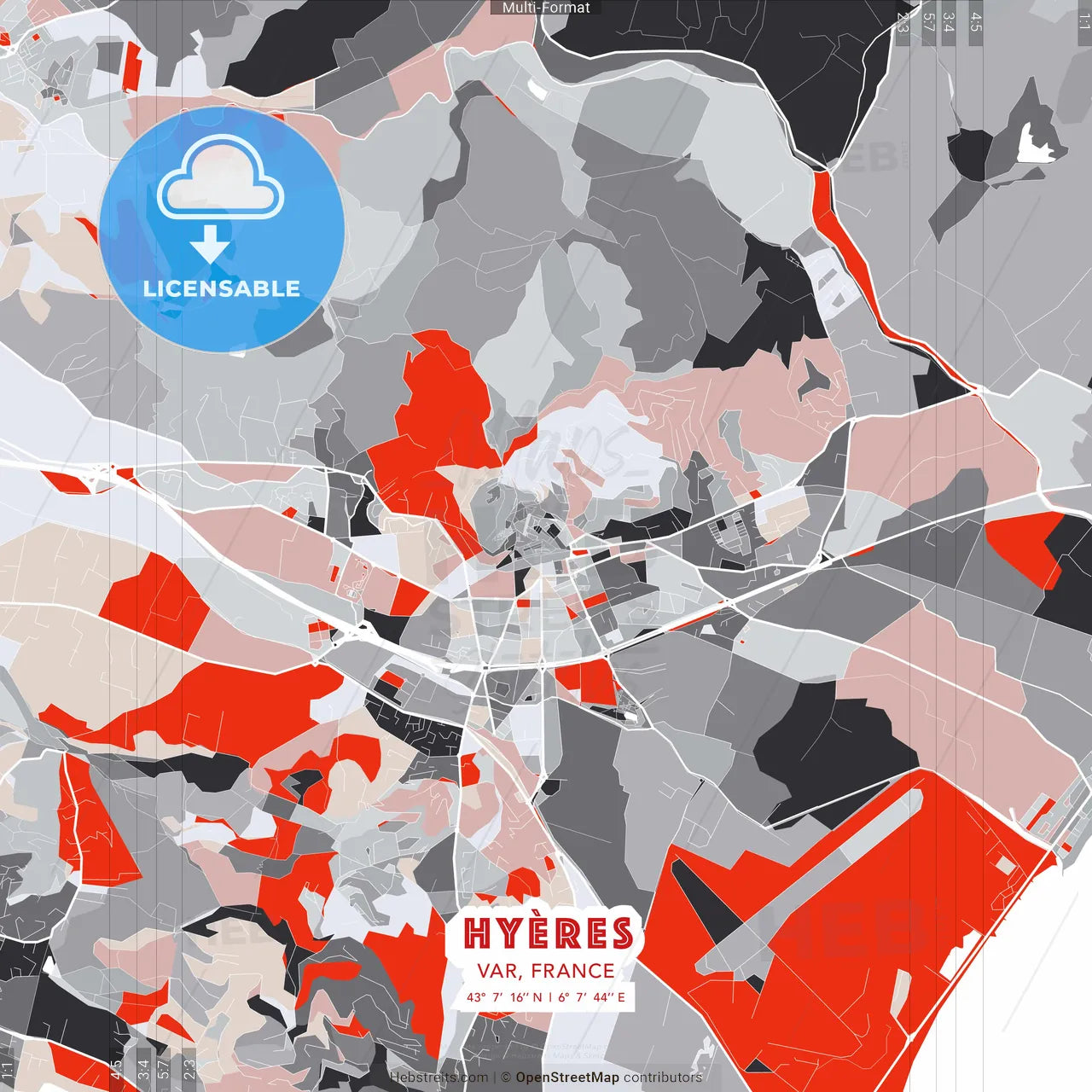 Hyères, Var, France - modern street map poster template with gray and red tones
