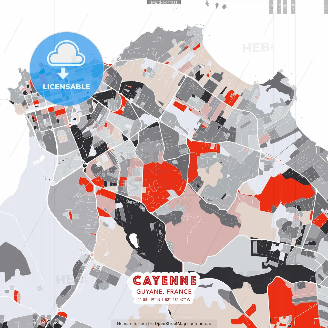 Cayenne, Guyane, France - modern street map poster template with gray and red tones