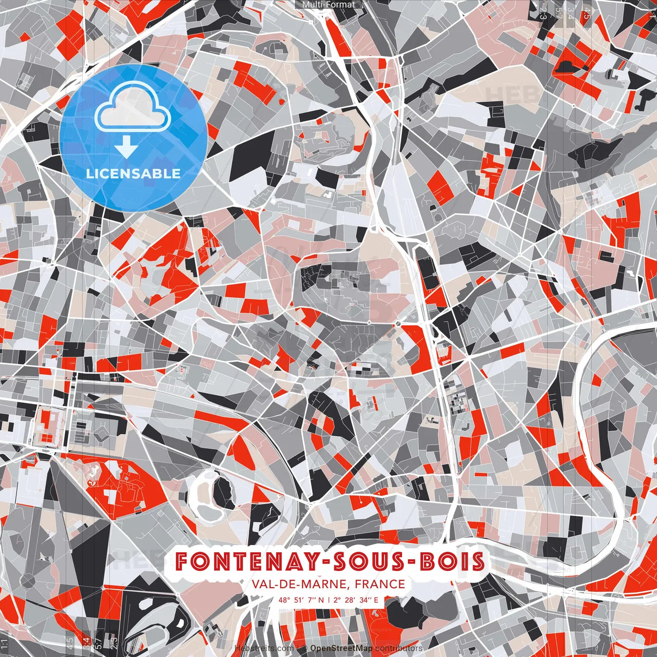 Fontenay-sous-Bois, Val-de-Marne, France - modern street map poster template with gray and red tones