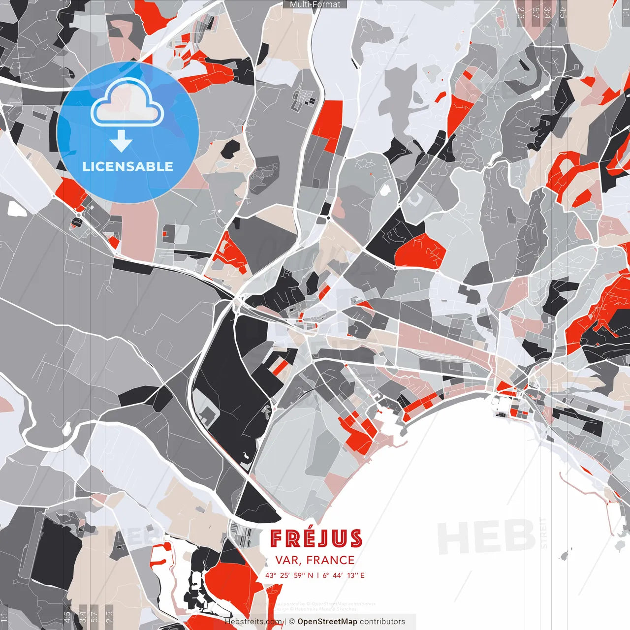 Fréjus, Var, France - modern street map poster template with gray and red tones