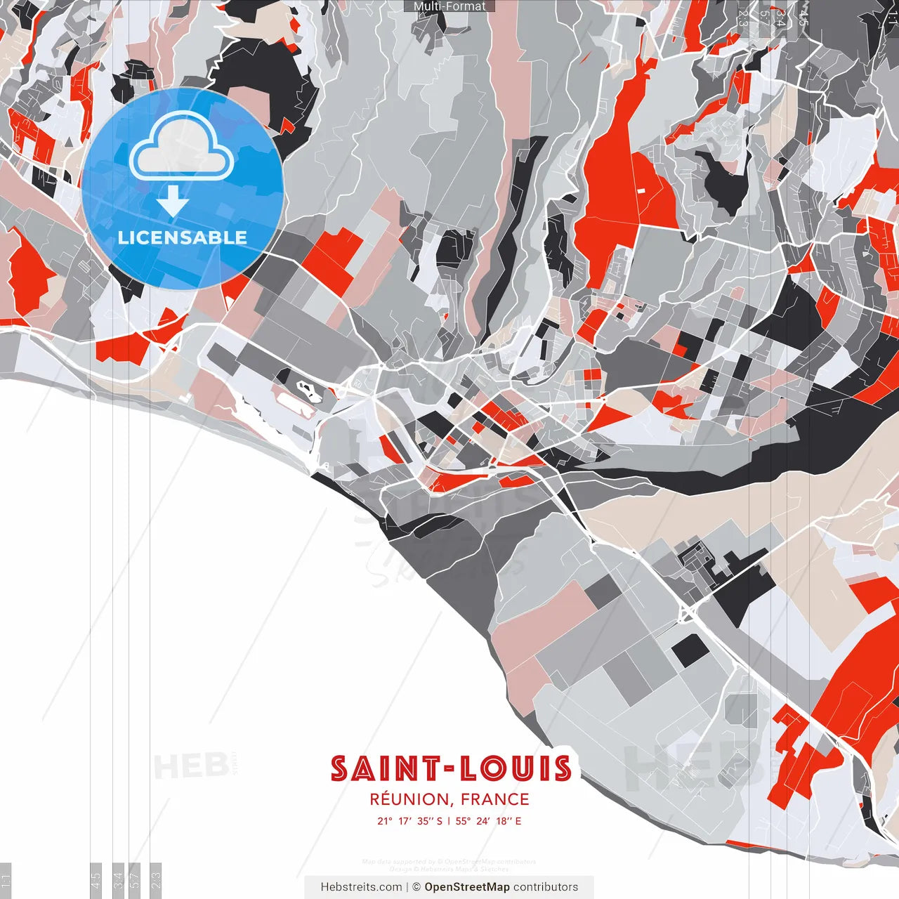 Saint-Louis, Réunion, France - modern street map poster template with gray and red tones