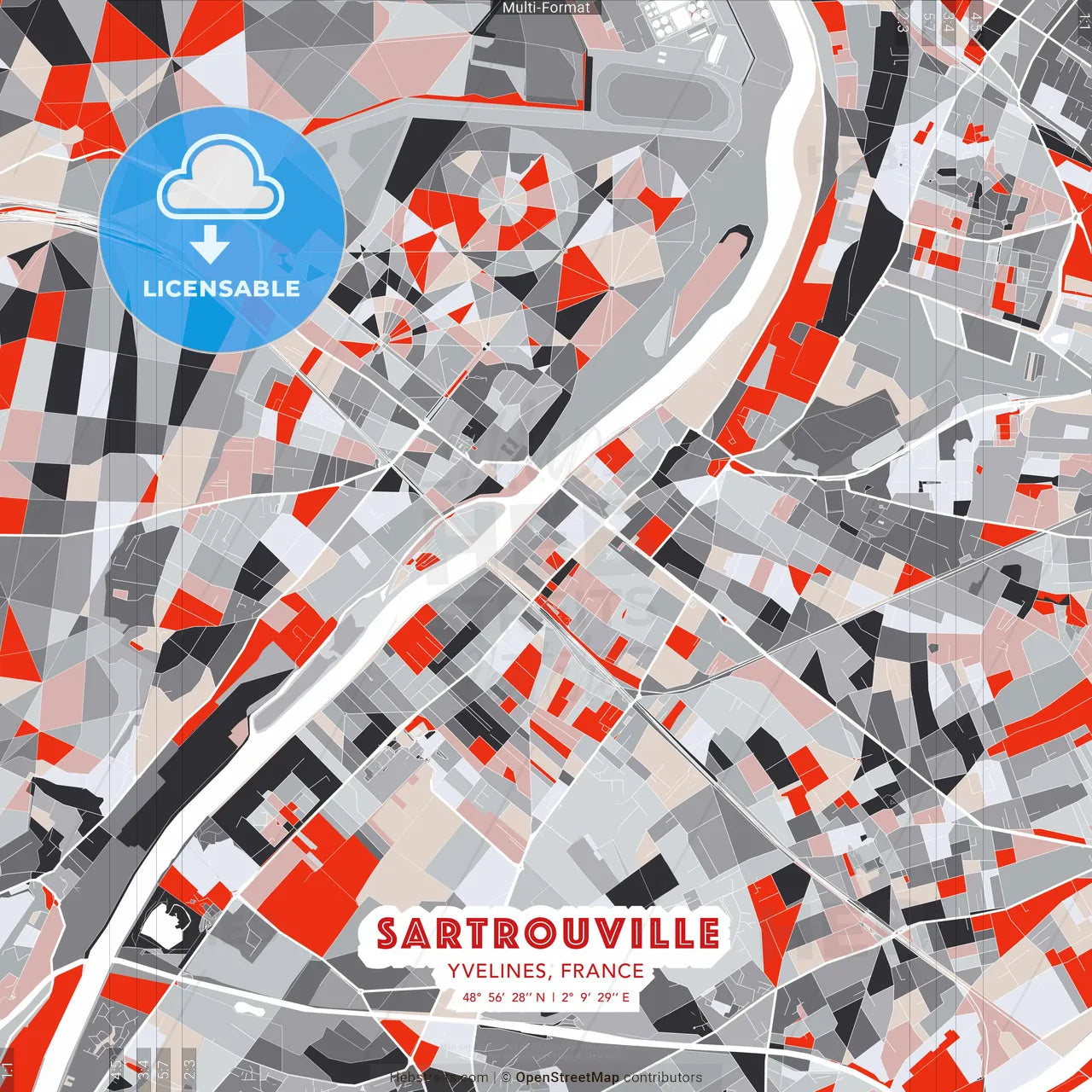 Sartrouville, Yvelines, France - modern street map poster template with gray and red tones
