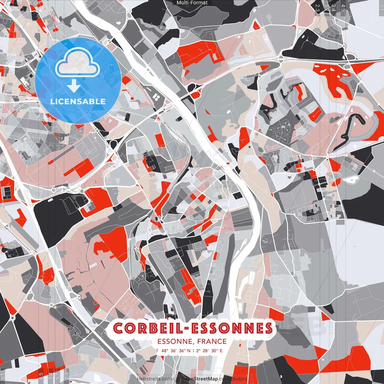 Corbeil-Essonnes, Essonne, France - modern street map poster template with gray and red tones