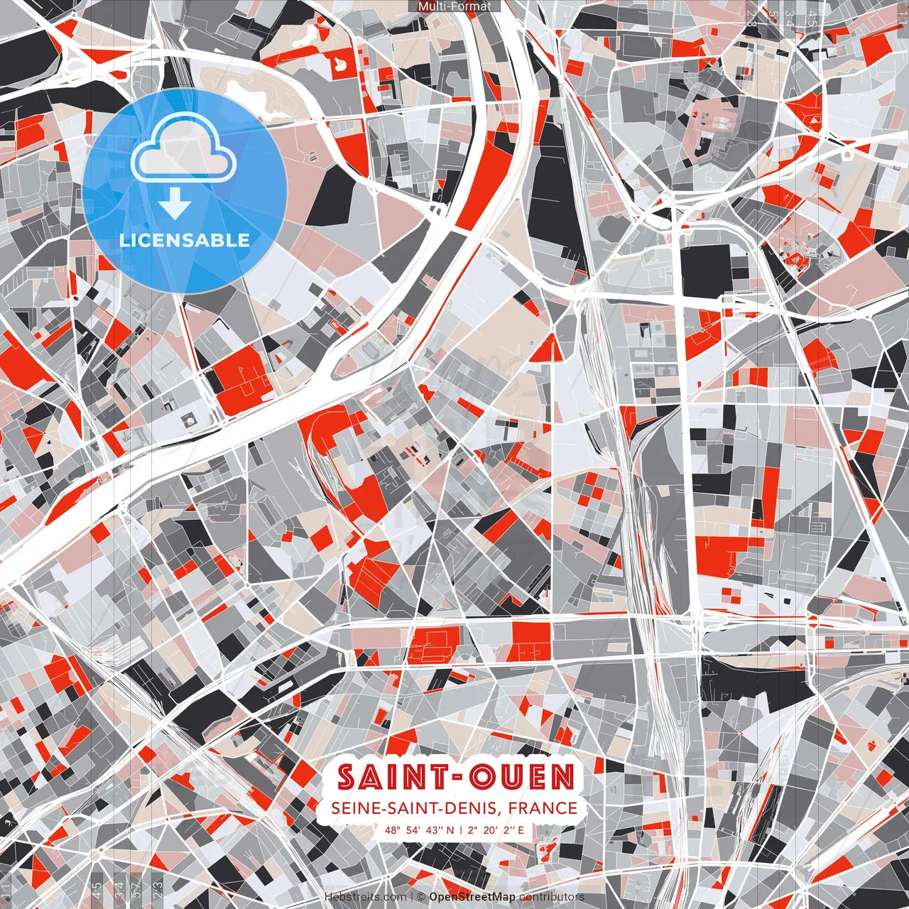Saint-Ouen, Seine-Saint-Denis, France - modern street map poster template with gray and red tones