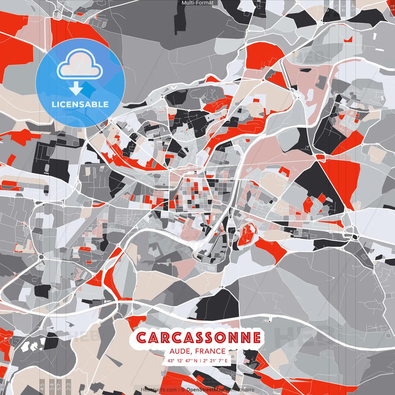 Carcassonne, Aude, France - modern street map poster template with gray and red tones