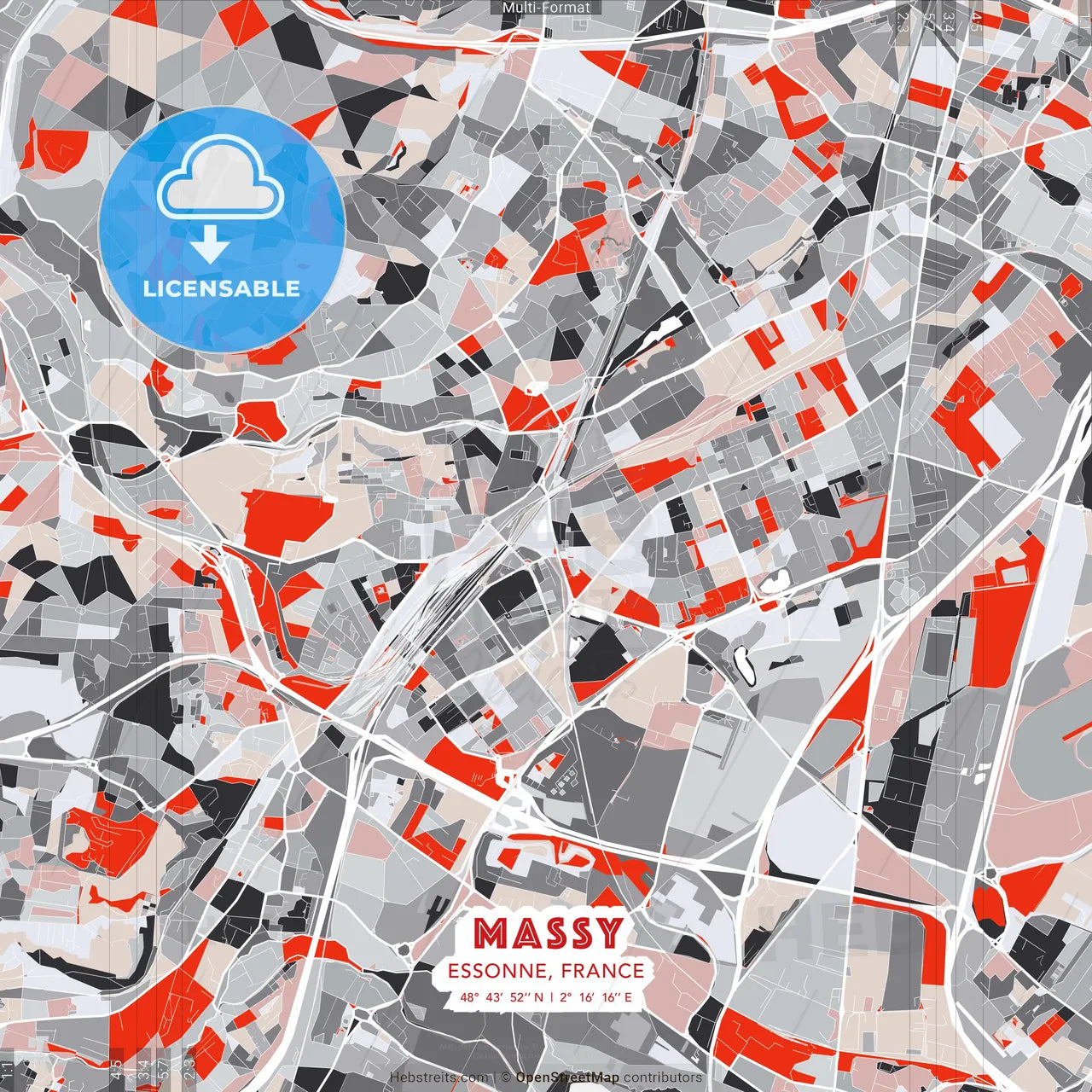 Massy, Essonne, France - modern street map poster template with gray and red tones
