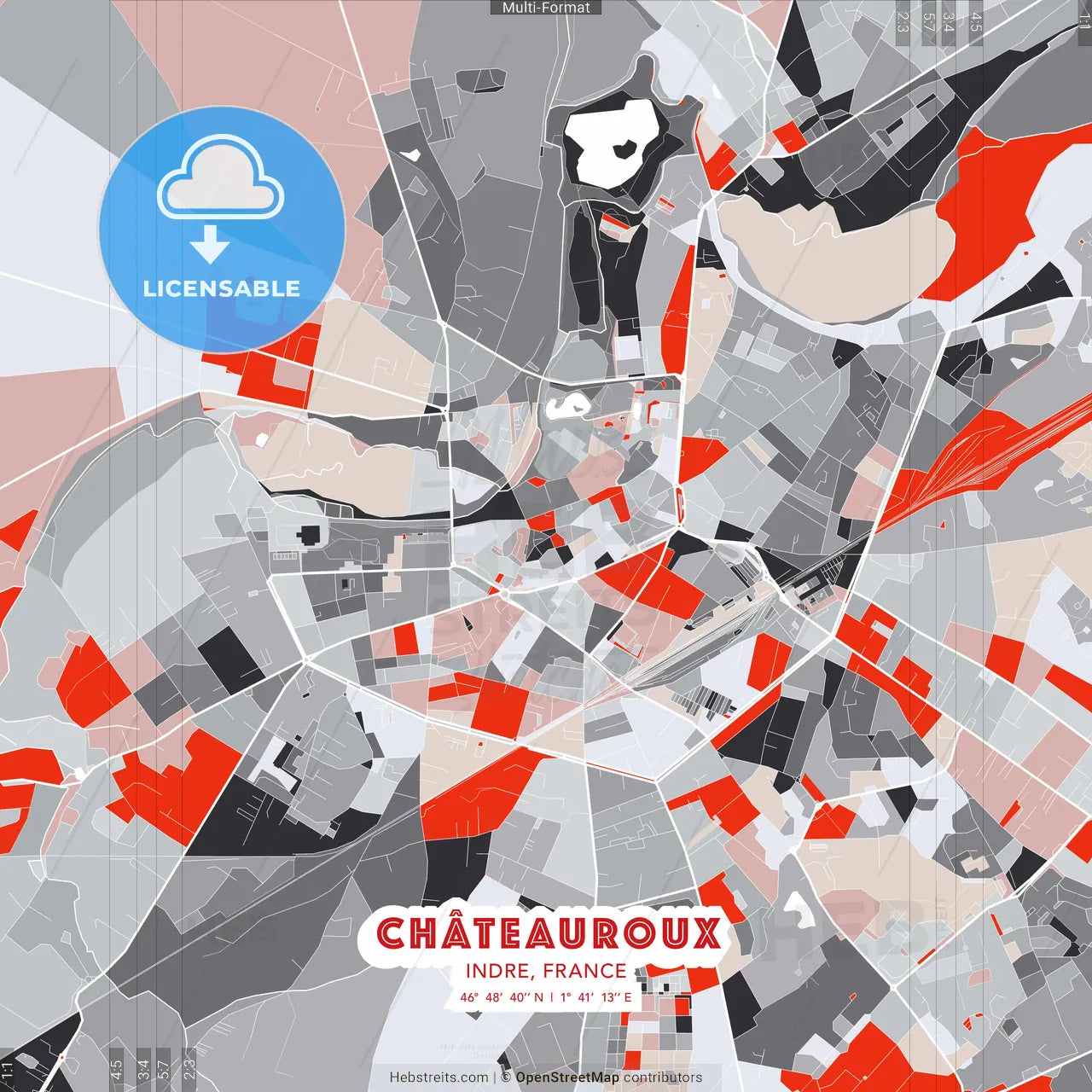 Châteauroux, Indre, France - modern street map poster template with gray and red tones