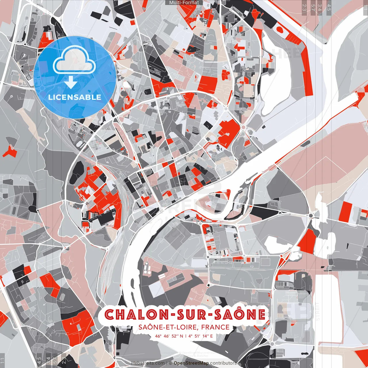 Chalon-sur-Saône, Saône-et-Loire, France - modern street map poster template with gray and red tones