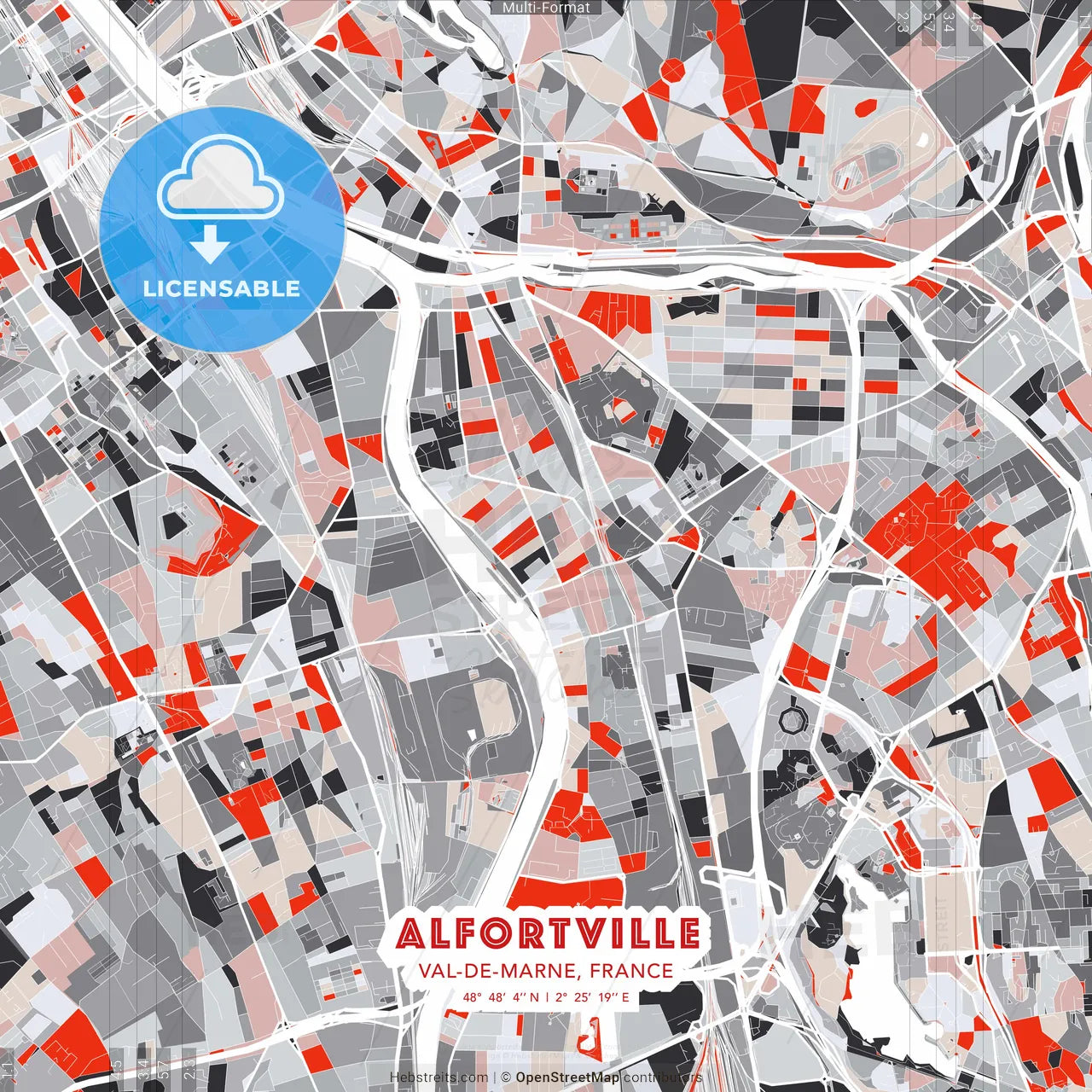 Alfortville, Val-de-Marne, France - modern street map poster template with gray and red tones