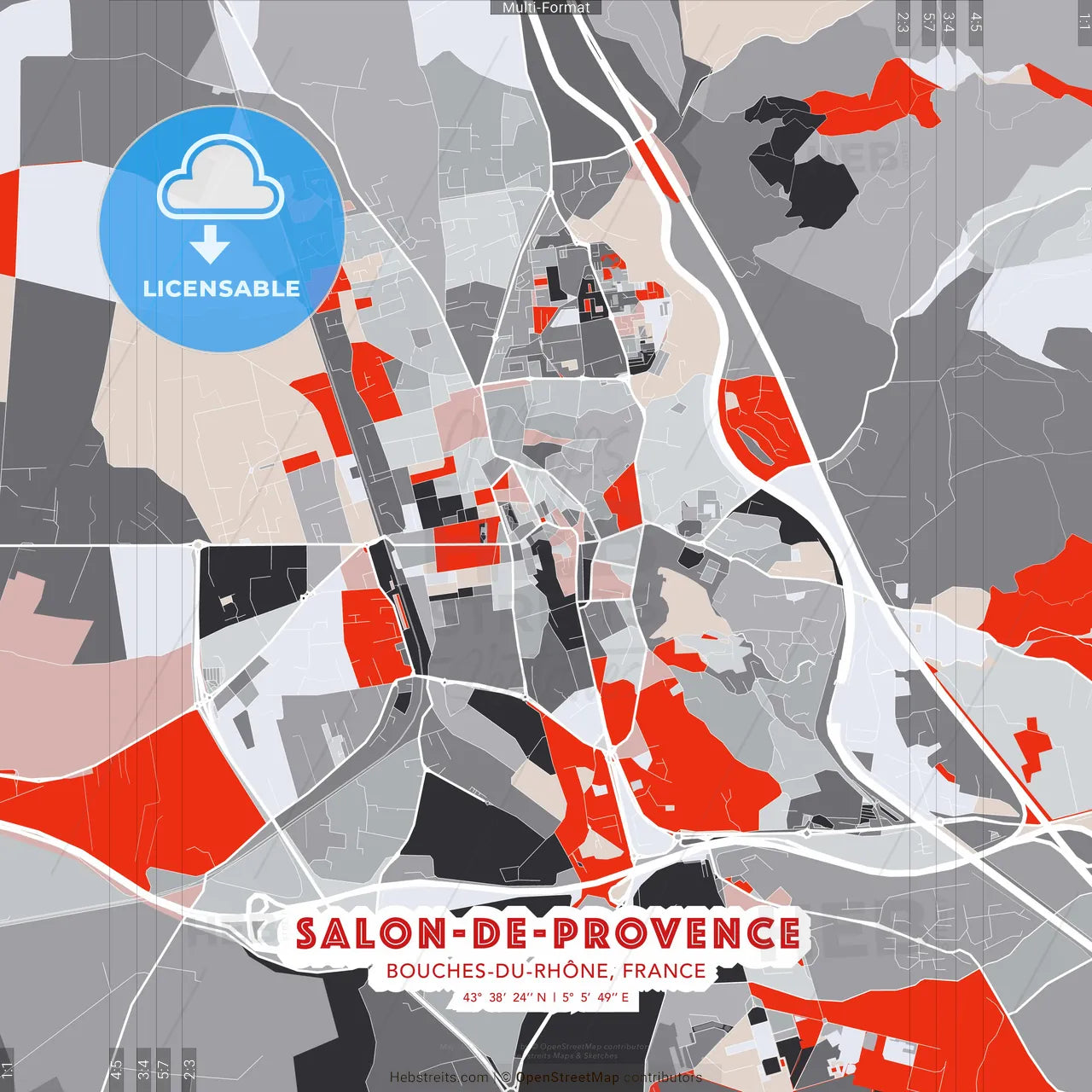 Salon-de-Provence, Bouches-du-Rhône, France - modern street map poster template with gray and red tones