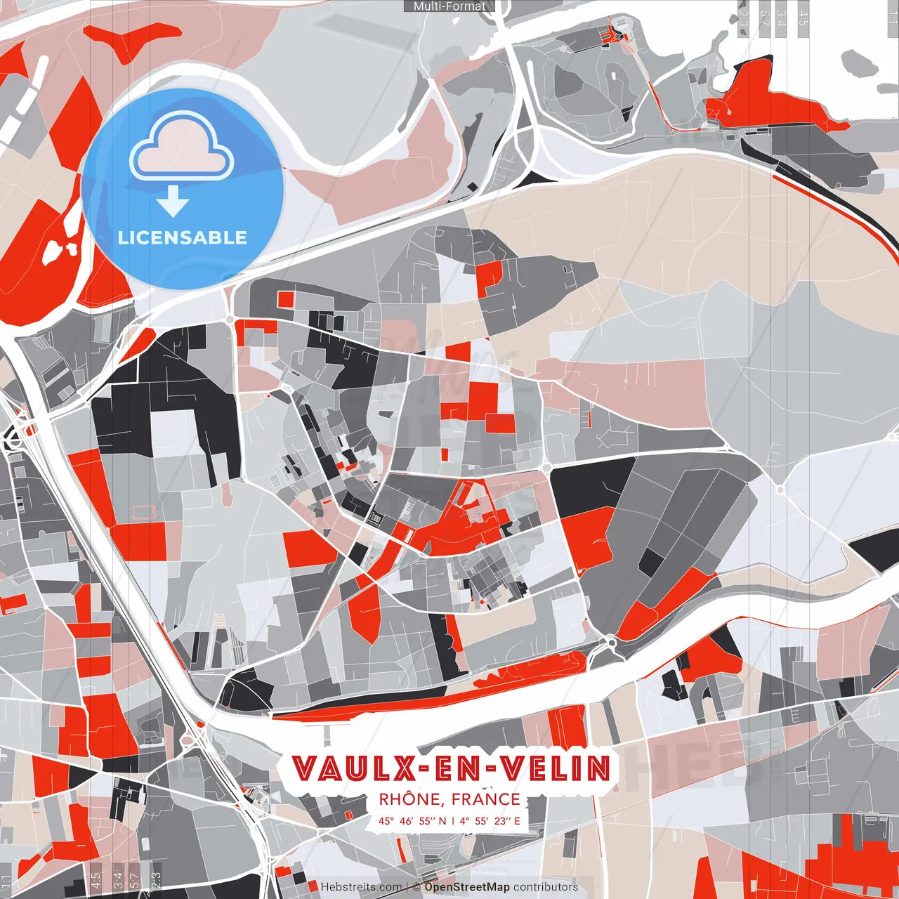Vaulx-en-Velin, Rhône, France - modern street map poster template with gray and red tones