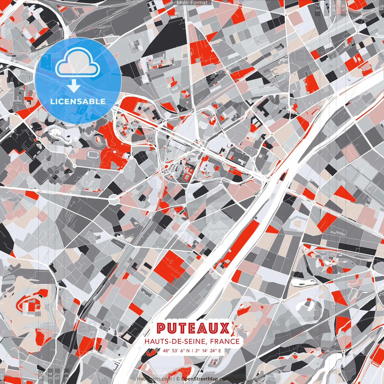 Puteaux, Hauts-de-Seine, France - modern street map poster template with gray and red tones