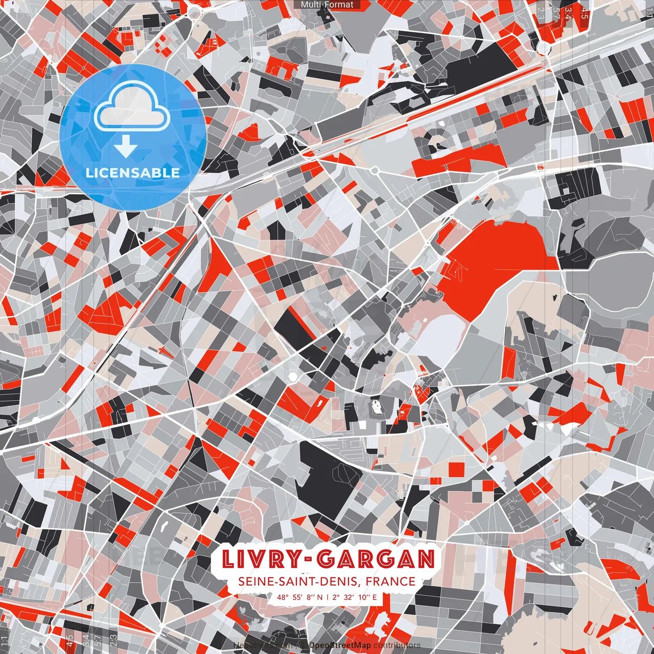 Livry-Gargan, Seine-Saint-Denis, France - modern street map poster template with gray and red tones