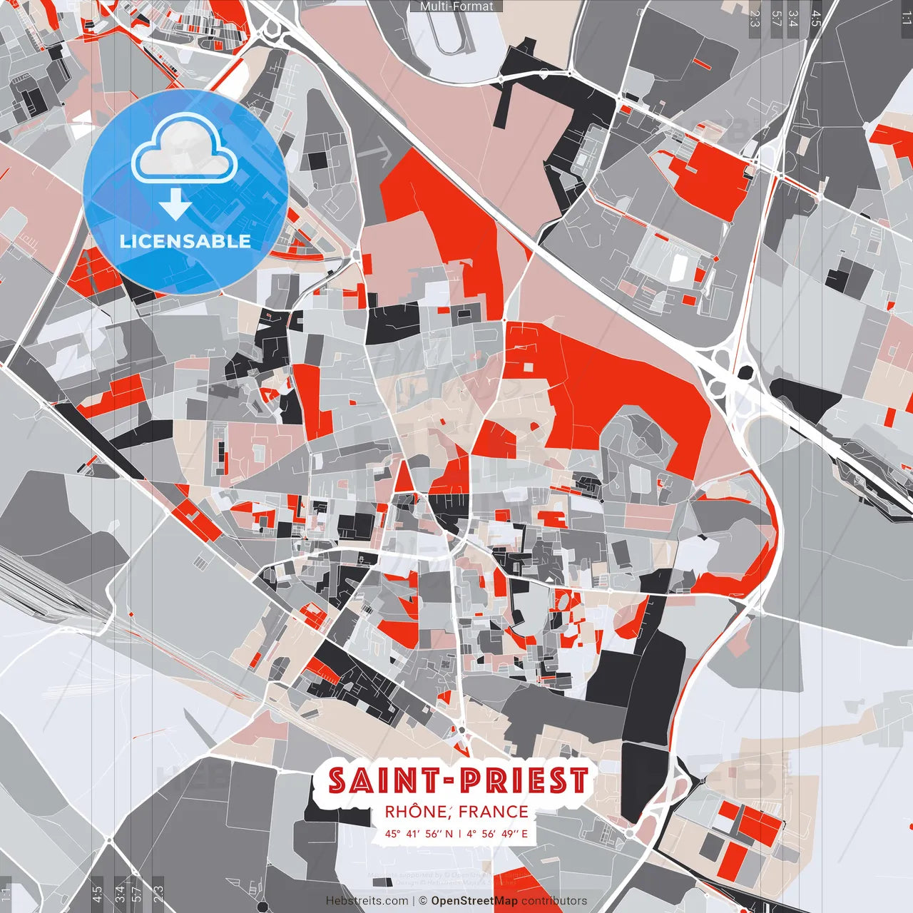 Saint-Priest, Rhône, France - modern street map poster template with gray and red tones