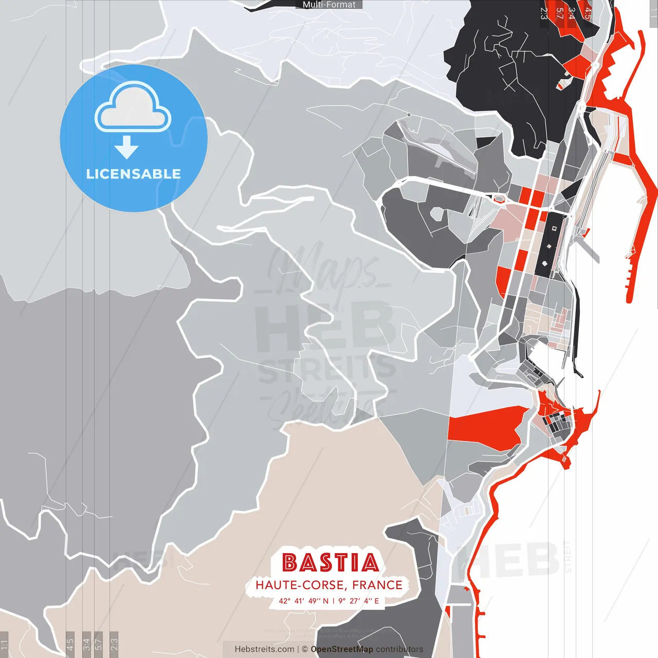 Bastia, Haute-Corse, France - modern street map poster template with gray and red tones
