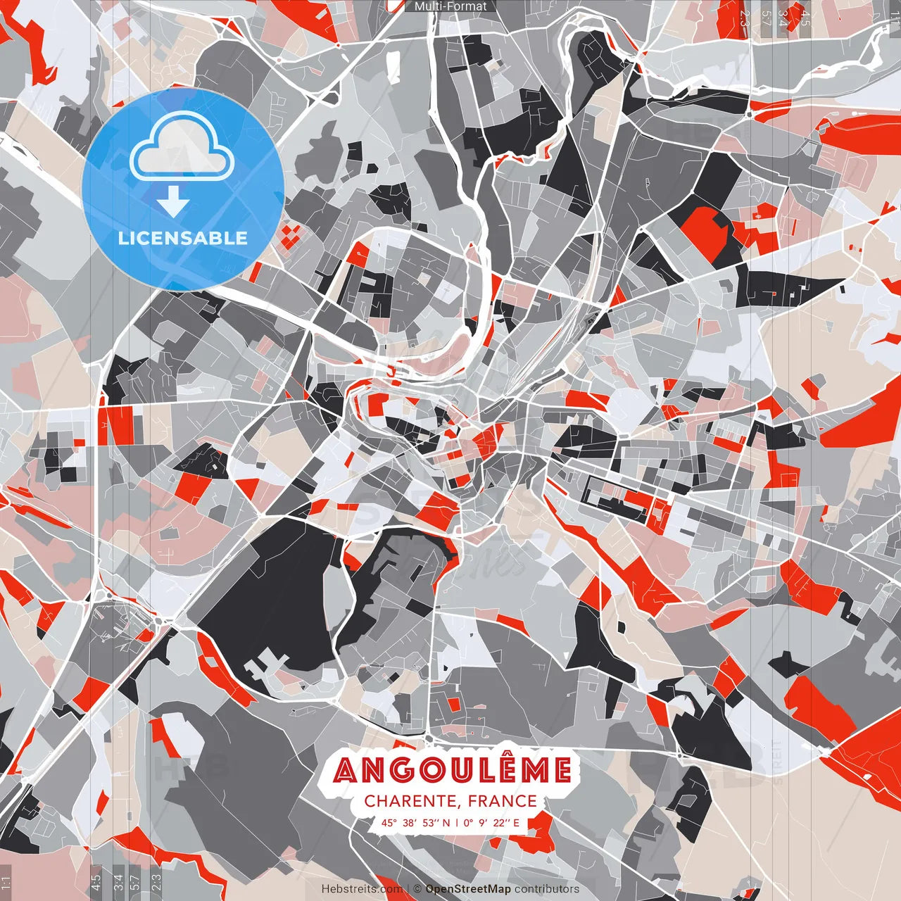 Angoulême, Charente, France - modern street map poster template with gray and red tones