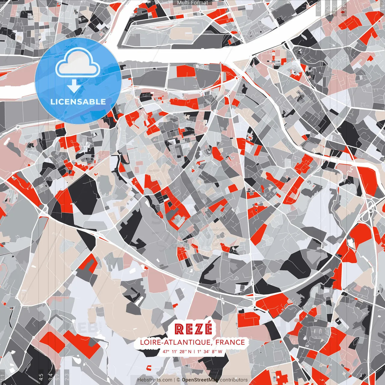 Rezé, Loire-Atlantique, France - modern street map poster template with gray and red tones