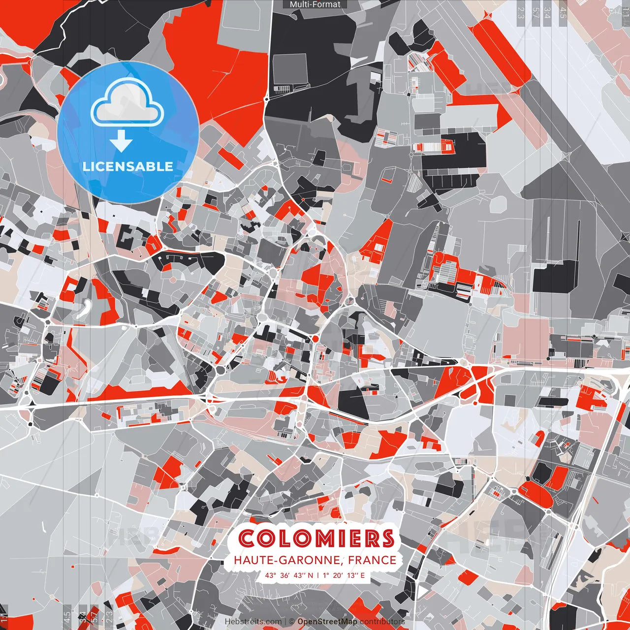 Colomiers, Haute-Garonne, France - modern street map poster template with gray and red tones