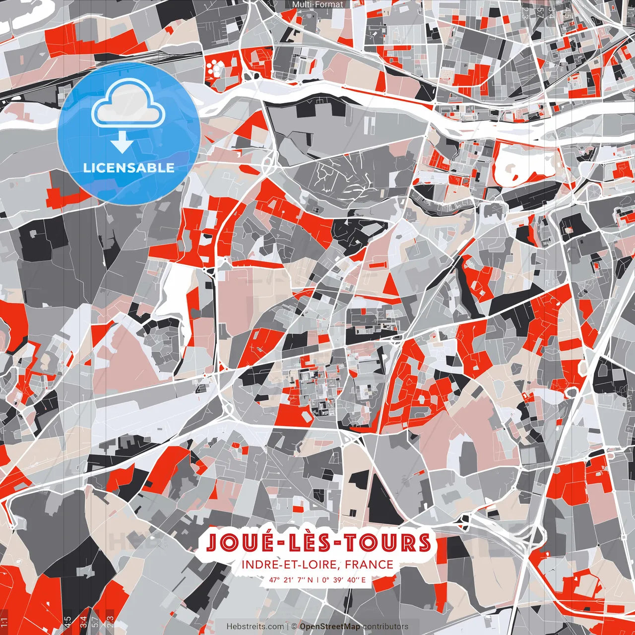 Joué-lès-Tours, Indre-et-Loire, France - modern street map poster template with gray and red tones