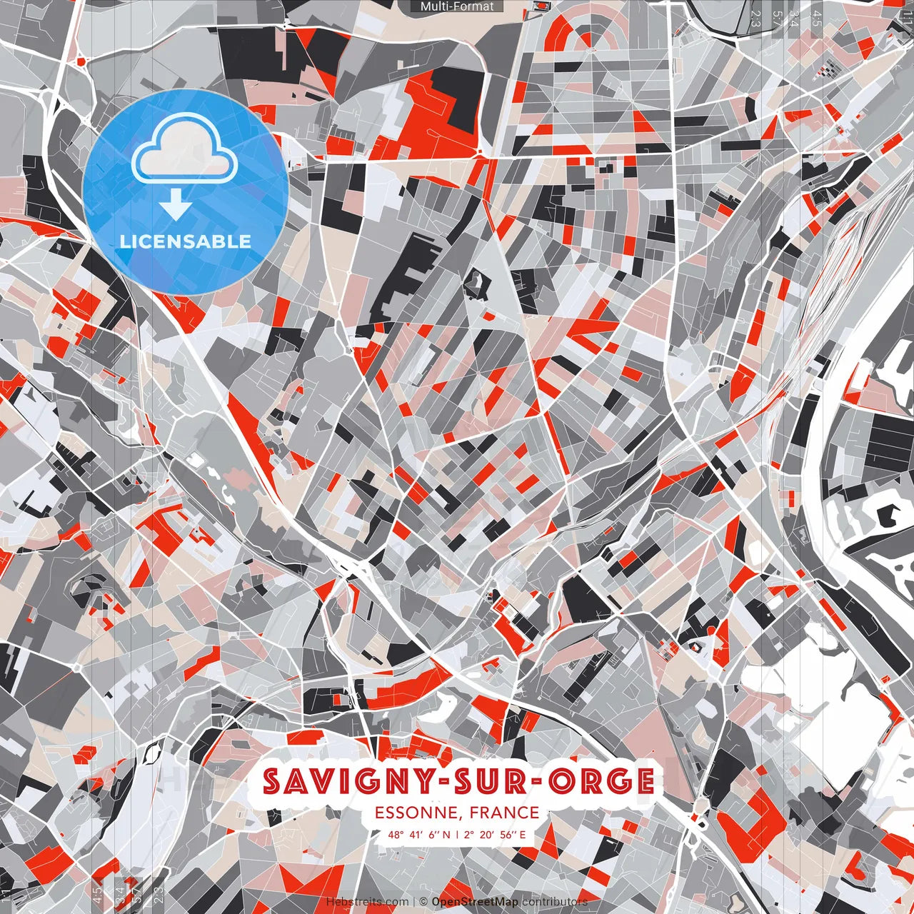 Savigny-sur-Orge, Essonne, France - modern street map poster template with gray and red tones