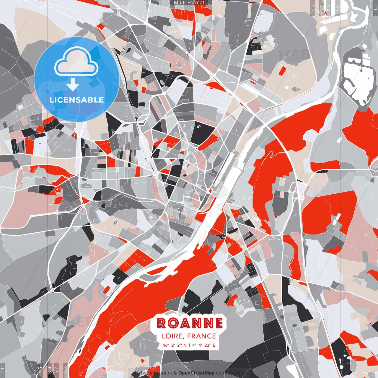 Roanne, Loire, France - modern street map poster template with gray and red tones