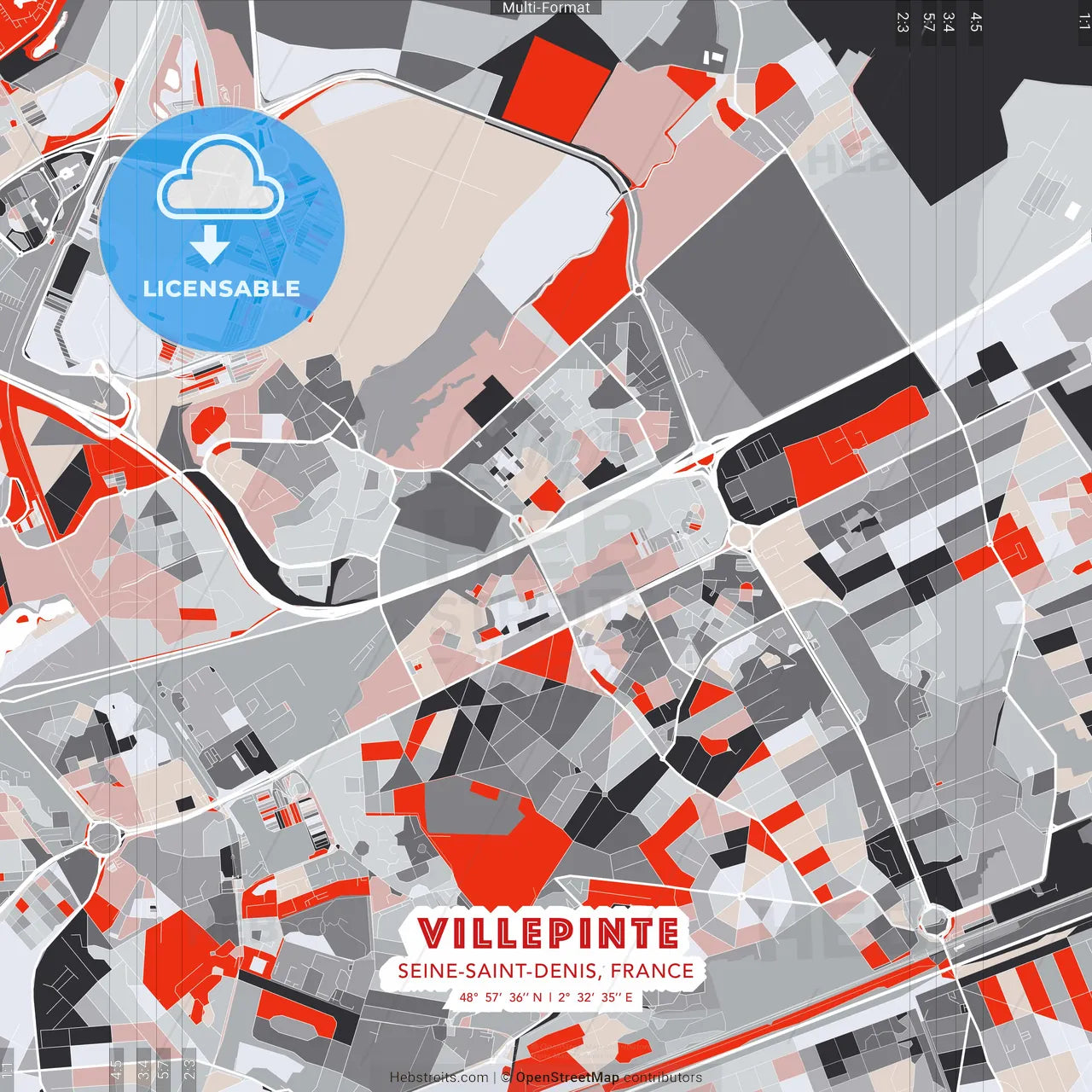 Villepinte, Seine-Saint-Denis, France - modern street map poster template with gray and red tones