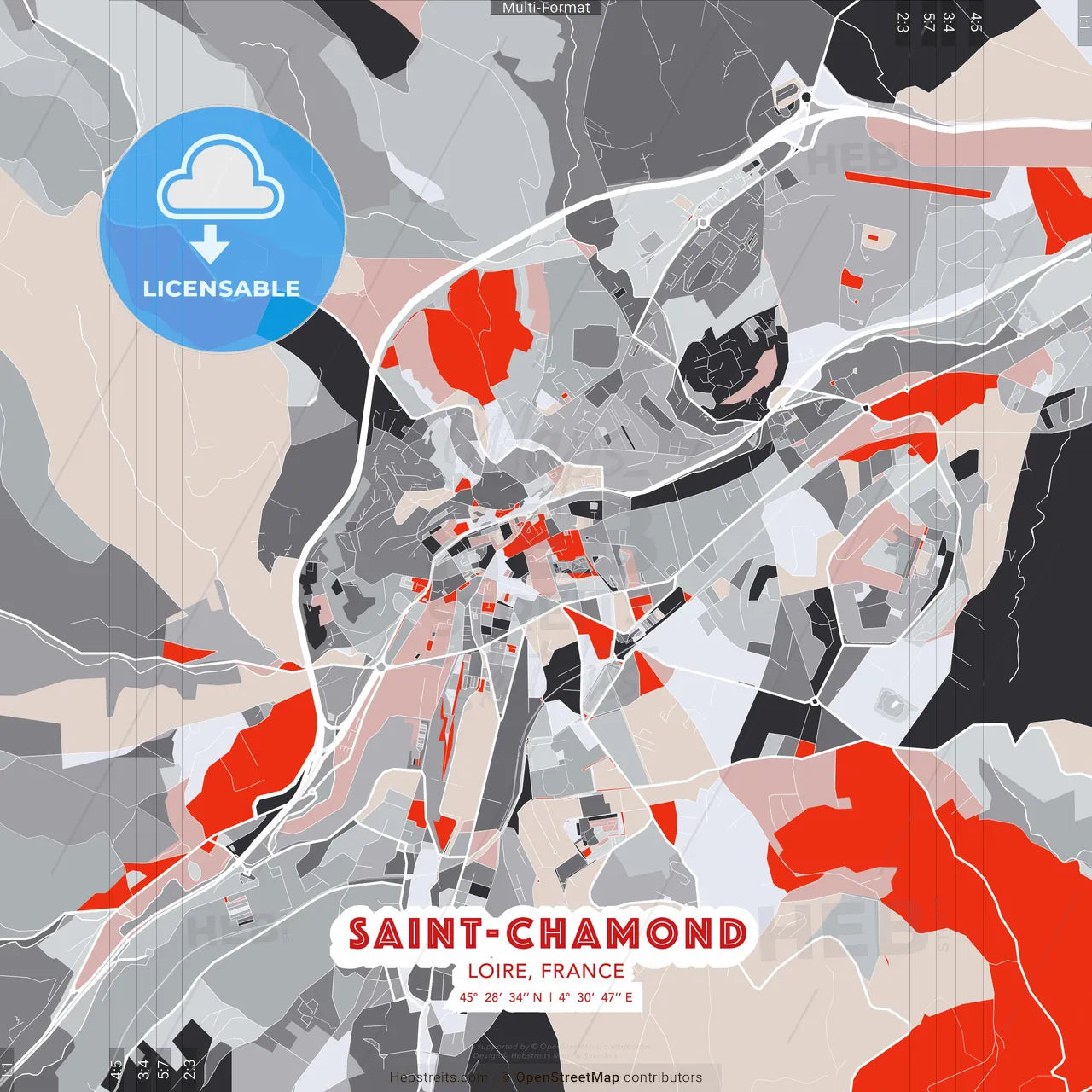 Saint-Chamond, Loire, France - modern street map poster template with gray and red tones