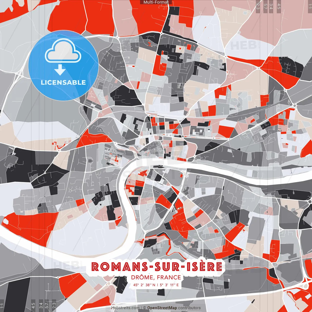 Romans-sur-Isère, Drôme, France - modern street map poster template with gray and red tones